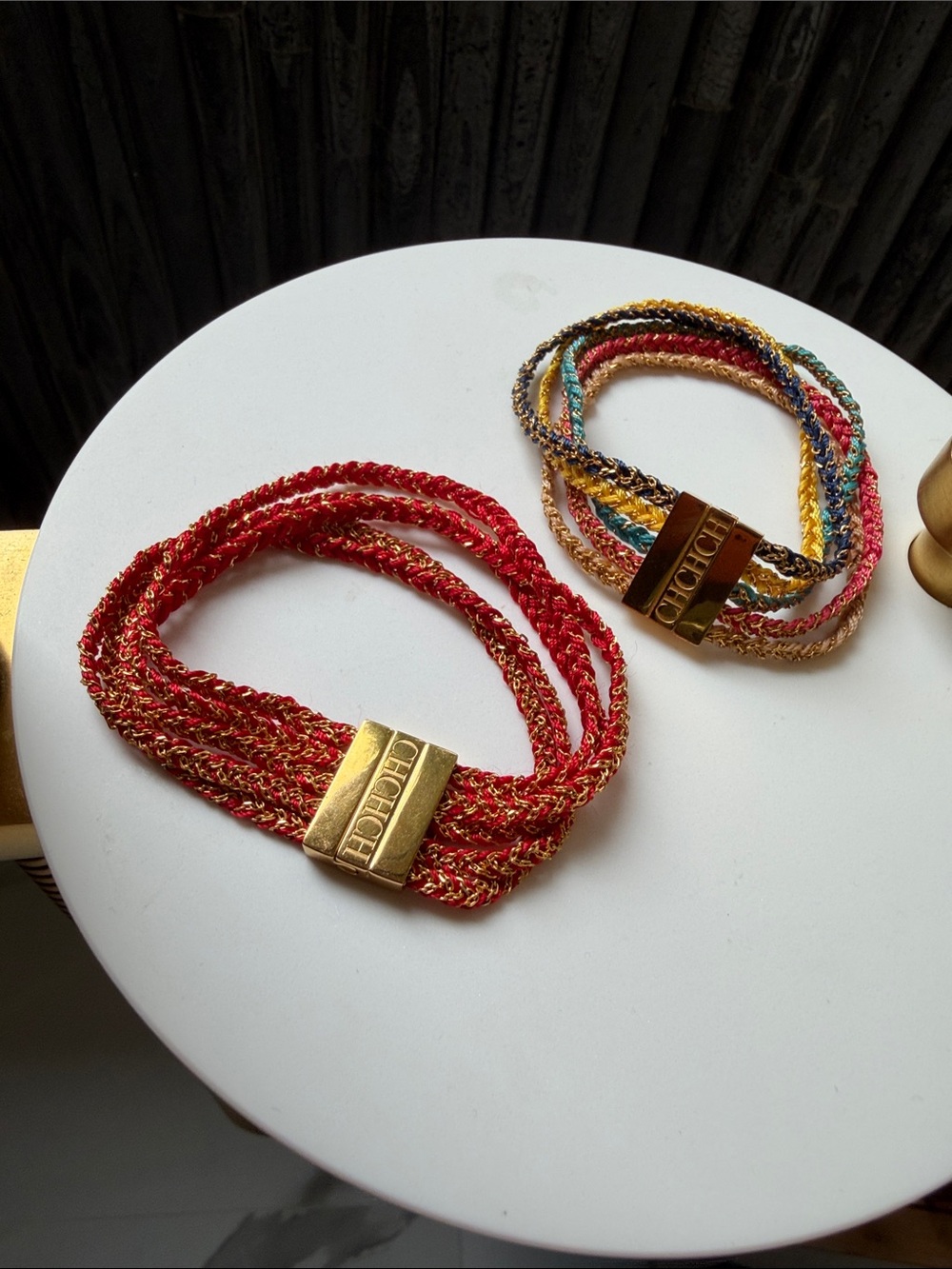 Carolina Herrera Red and Multicolor Braided Rope Bracelet Set with Gold Accents
